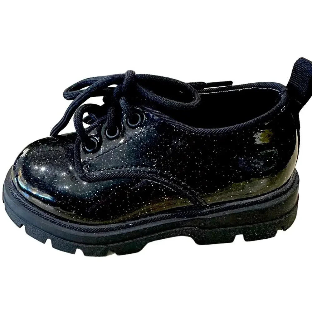 Zara kids‎ girls sparkly black faux patent oxfords lace up shoes EU 22